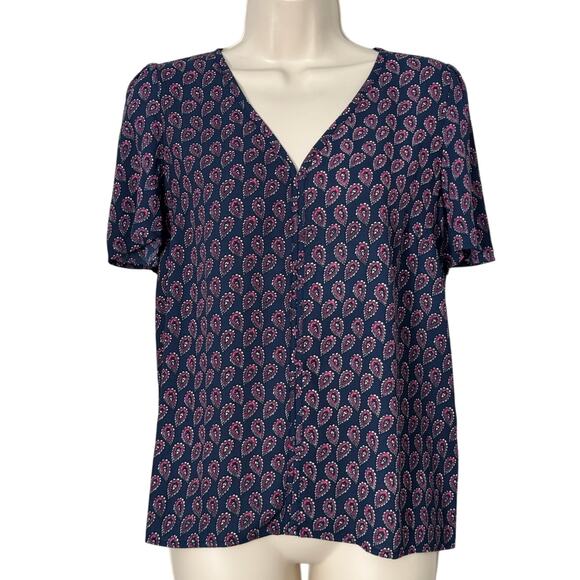 NWT J. Crew Printed V-Neck Navy and Pink Short Sleeve Blouse Size S - Picture 1 of 6
